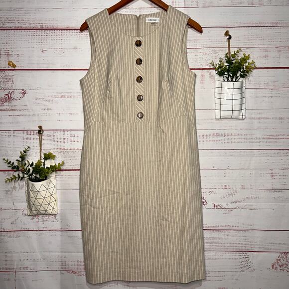 Calvin Klein Rhea Button Detail Beige & White Pinstripe Dress | Women's Size 12 - Picture 1 of 4